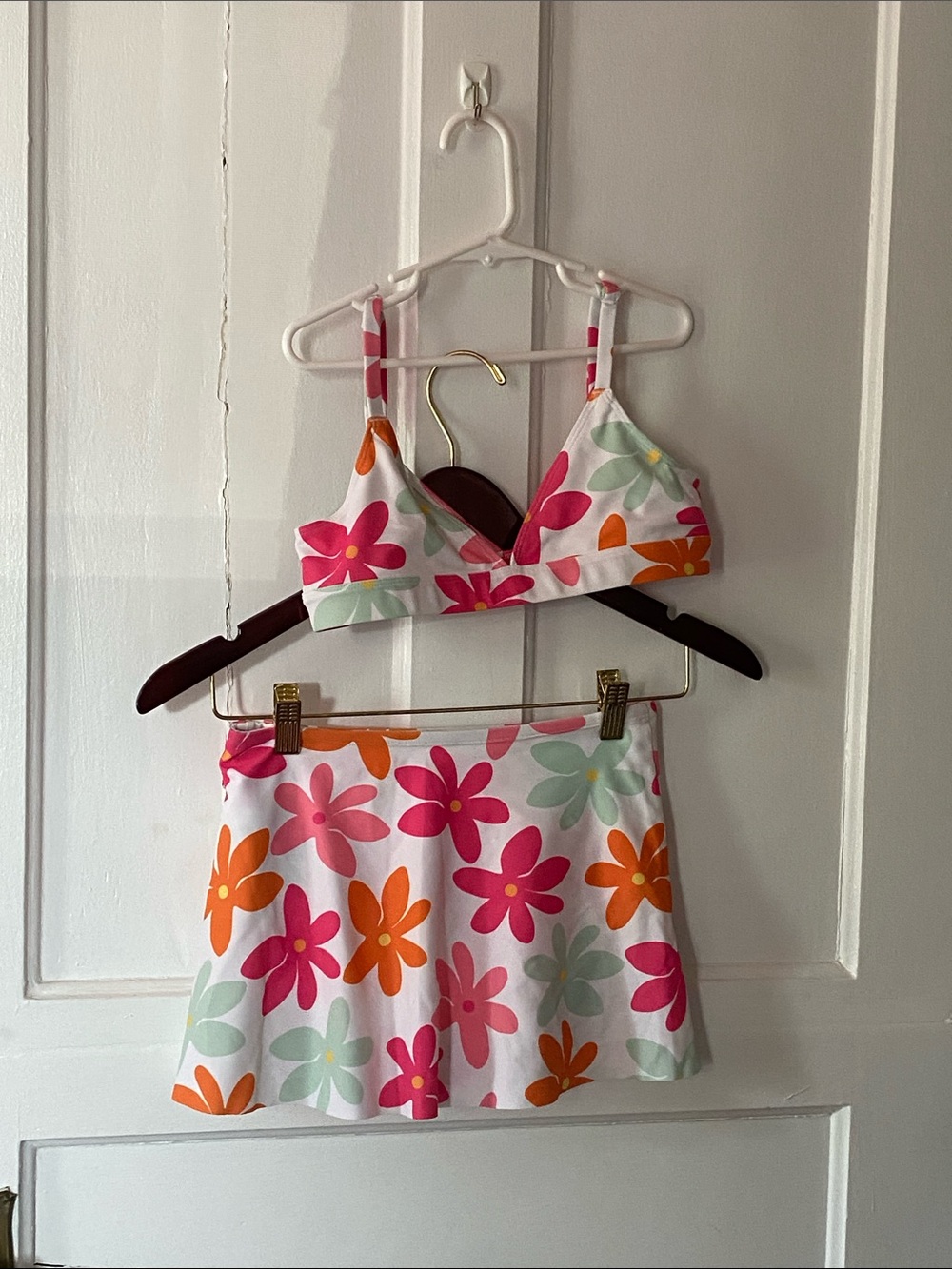 Floral Two-Piece Bikini Set in White with Pink, Orange & Mint Flowers